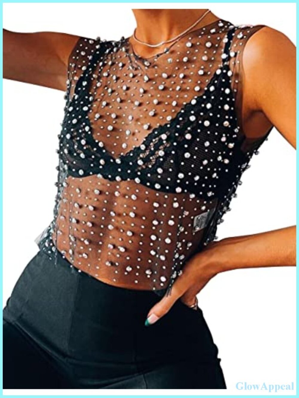 Women Sheer Mesh Rhinestone Crop Tank Sleeveless See Through Going Out Top